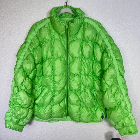 Free People Pippa Puffer Jacket Womens Small Scrunchy Glossy FP Movement Lime - Picture 1 of 12